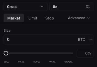 Actual Tradara order ticket with cross margin, leverage, order types, BTC sizing, and percentage controls